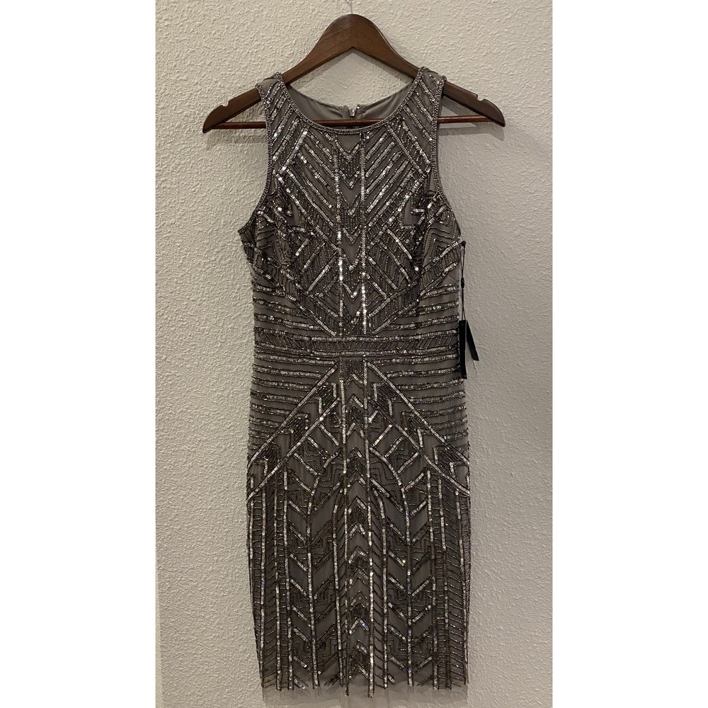Adrianna Papell Beaded Art Deco Sheath Cocktail Dress Size 0 Glamorous Opulent